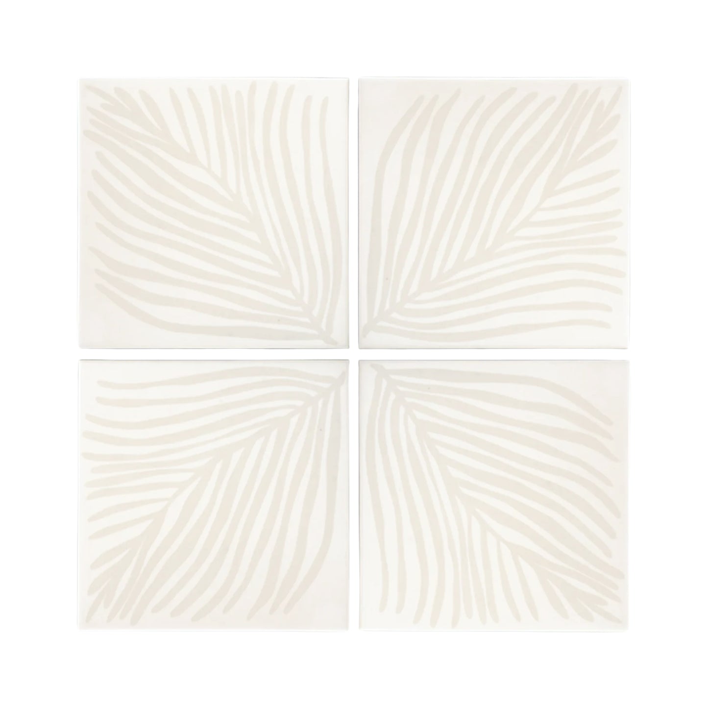 Bundle of 8x8 white decorative tiles by Clay Imports with a light beige palm leaf pattern.