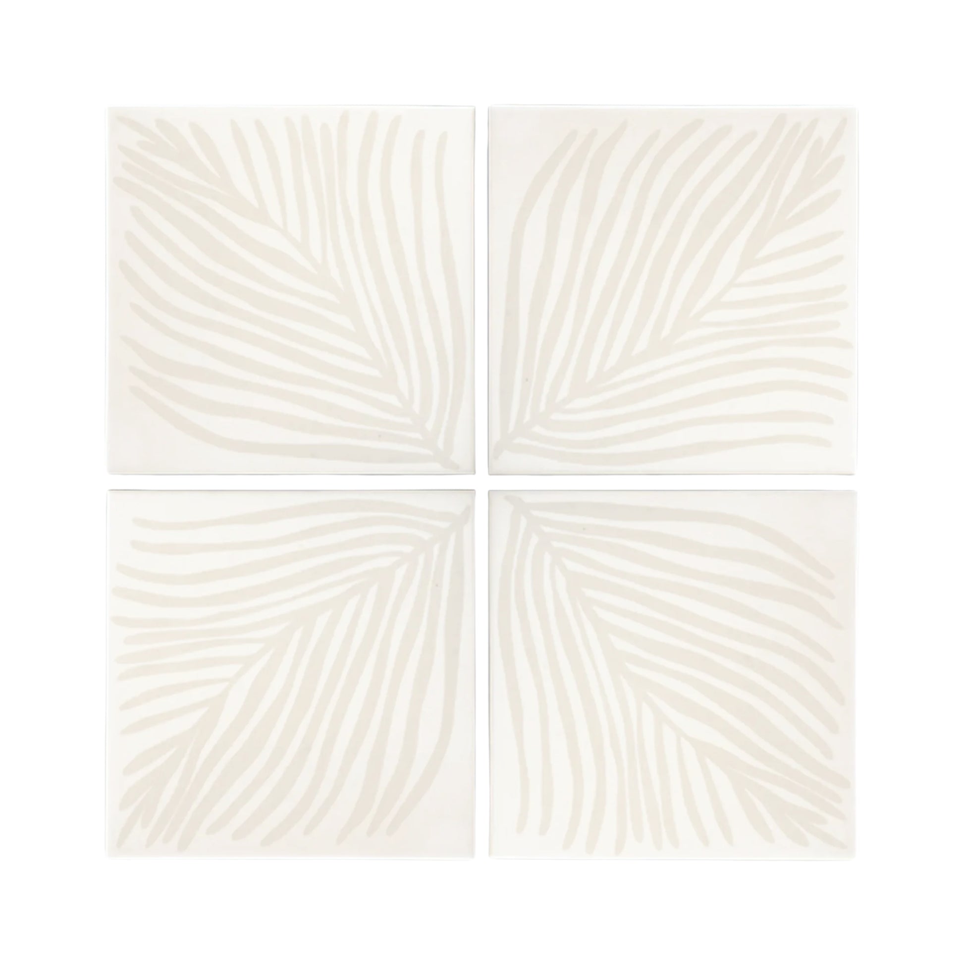 Bundle of 8x8 white decorative tiles by Clay Imports with a light beige palm leaf pattern.
