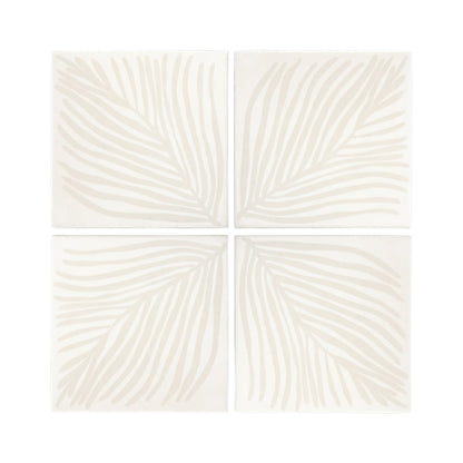 Bundle of 8x8 white decorative tiles by Clay Imports with a light beige palm leaf pattern.