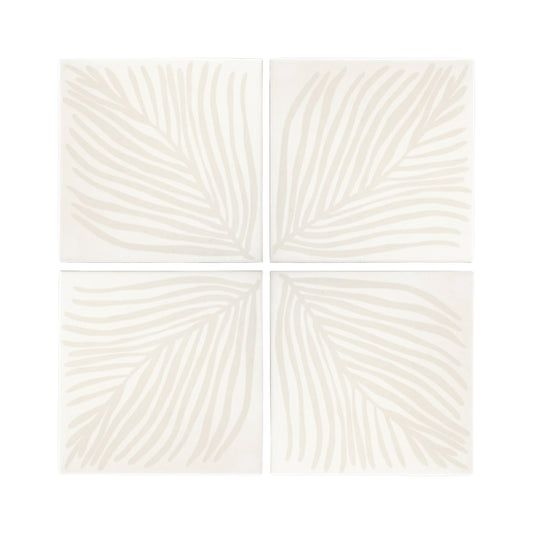Bundle of 8x8 white decorative tiles by Clay Imports with a light beige palm leaf pattern.