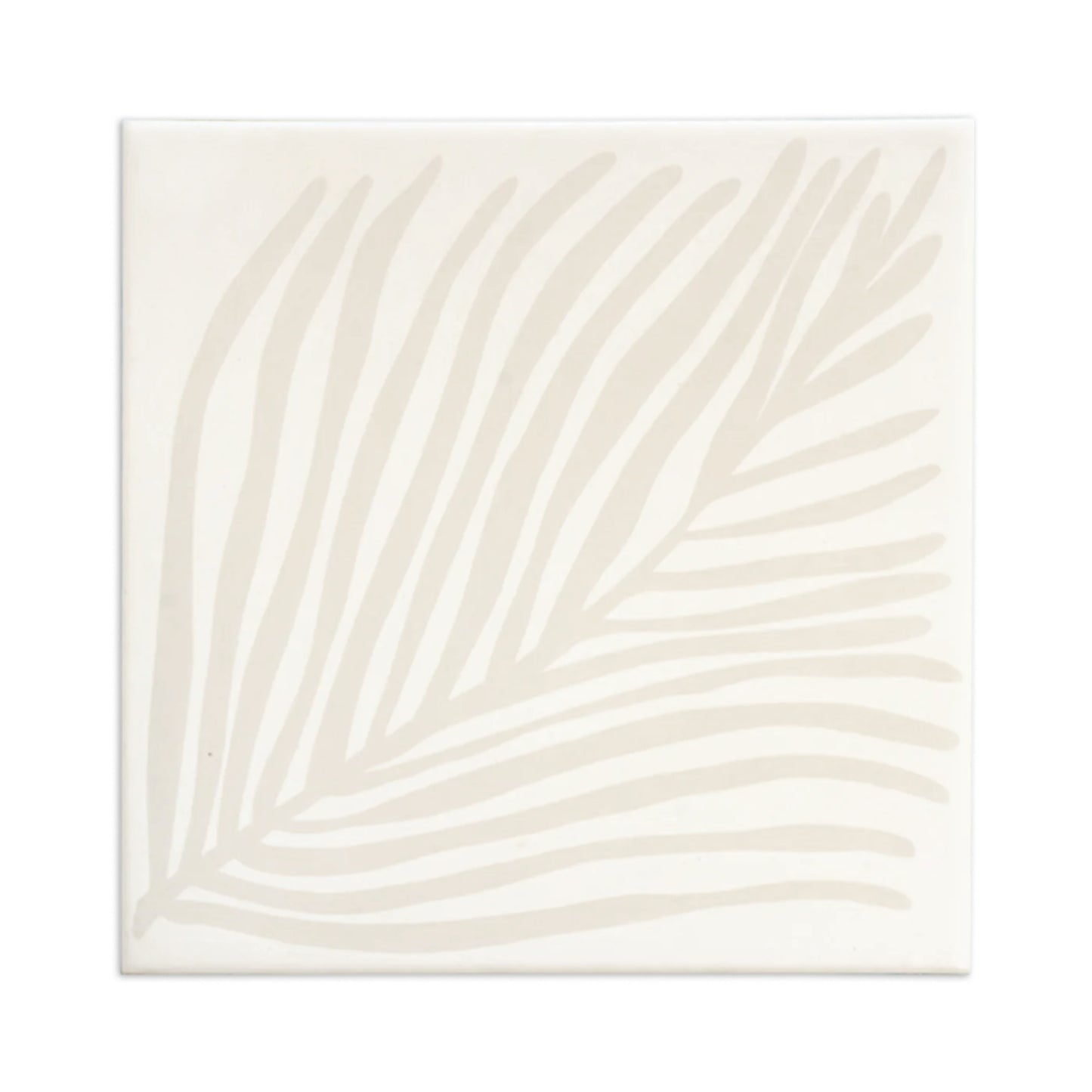 White 8x8 tile by Clay Imports, featuring a subtle, abstract palm leaf design.