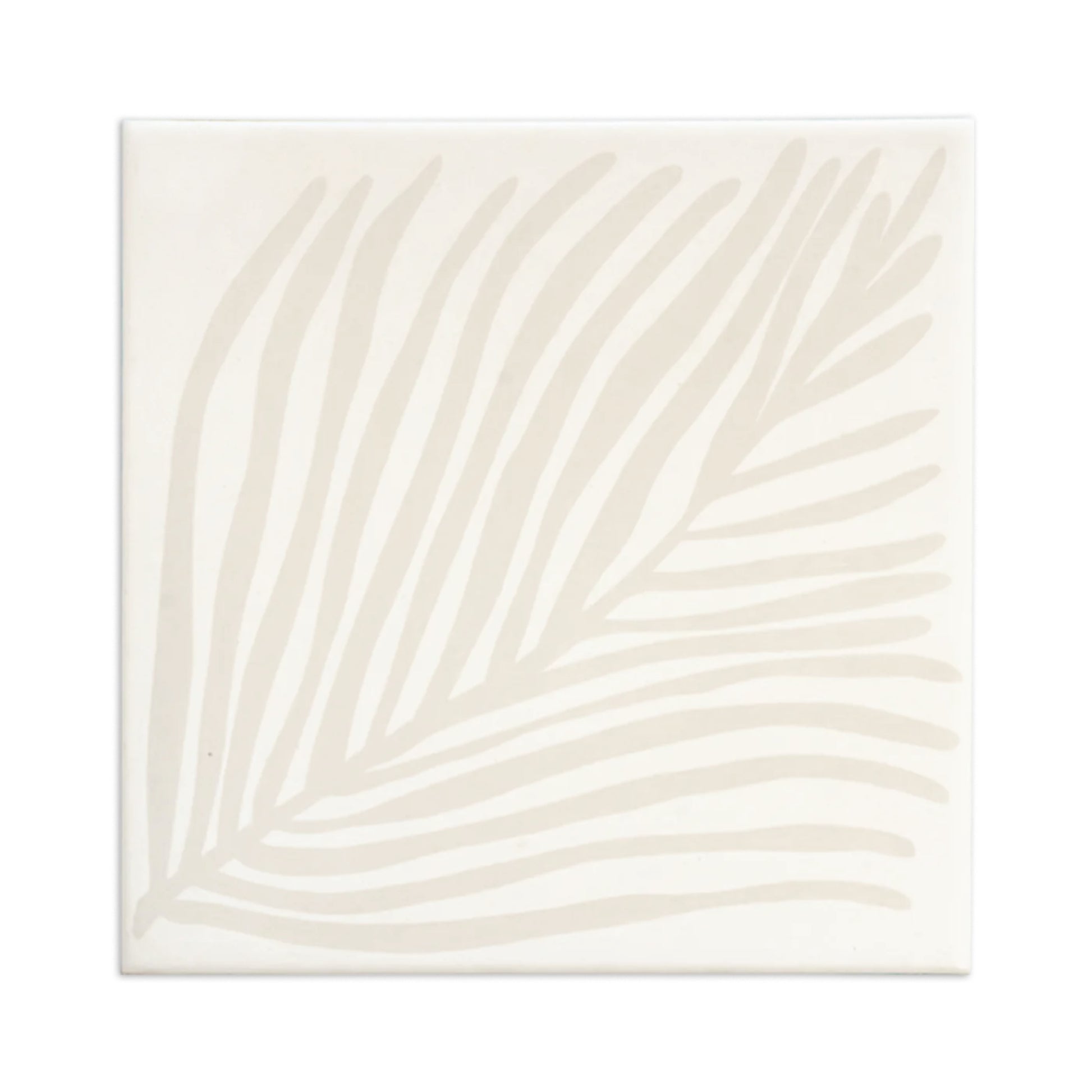 White 8x8 tile by Clay Imports, featuring a subtle, abstract palm leaf design.