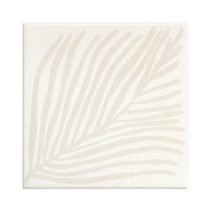 White 8x8 tile by Clay Imports, featuring a subtle, abstract palm leaf design.