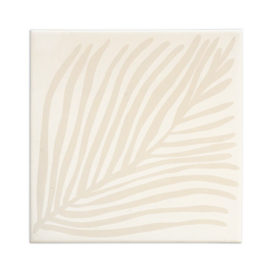 Rice White 8x8 pattern tile by Clay Imports, featuring a stylized Willow Dew palm frond design.