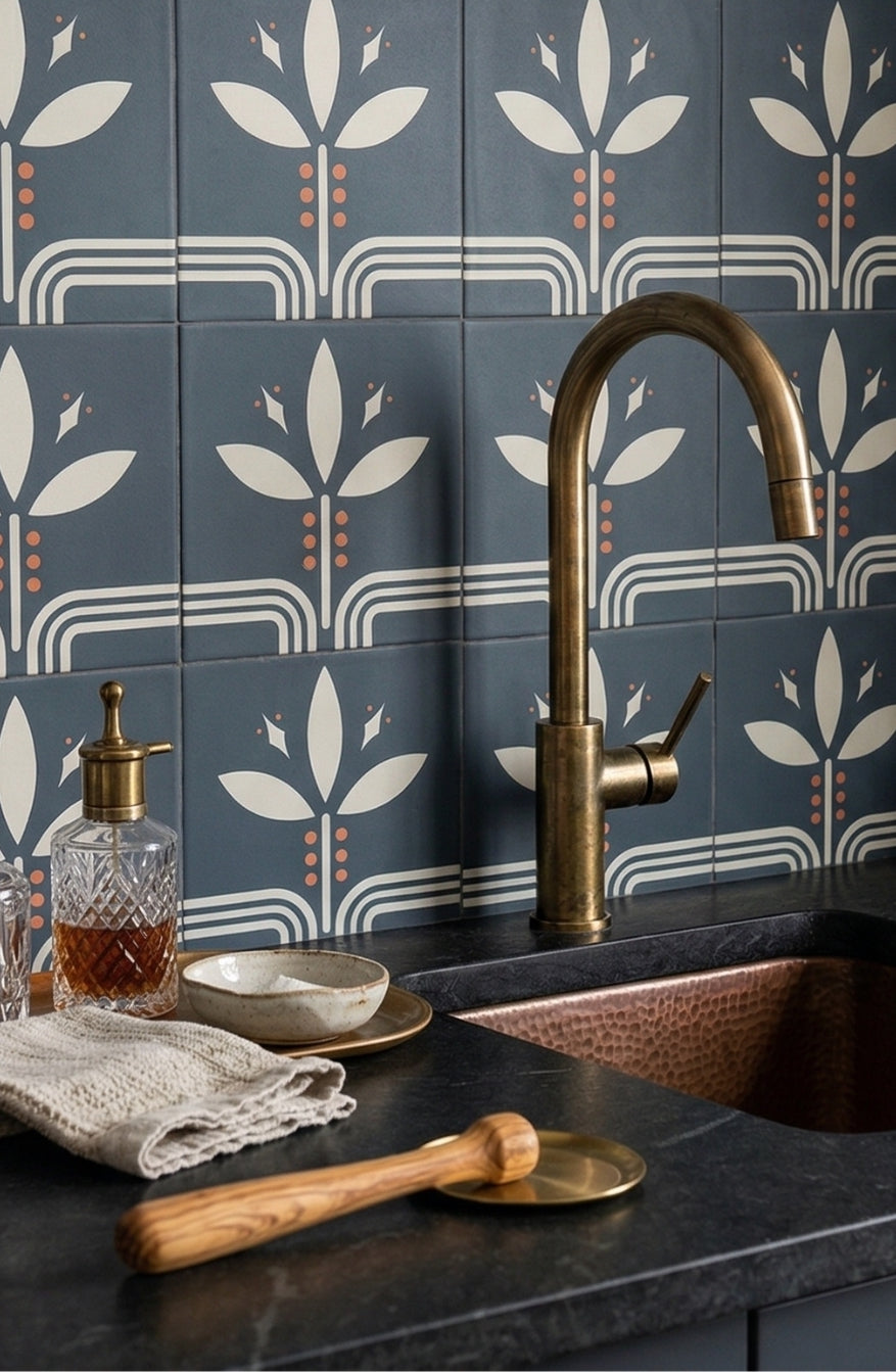 Midnight blue pattern tile by Clay Imports featuring a white stylized floral and art deco design.