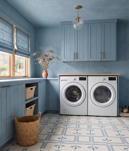 Modern laundry room with washing machine and dryer against a dusty blue wall with pattern tile flooring.