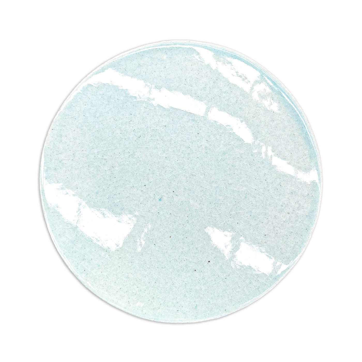 Light blue crackle-glazed circular ceramic plate by Rombo & Circle, featuring subtle speckles and glossy finish, top-down view