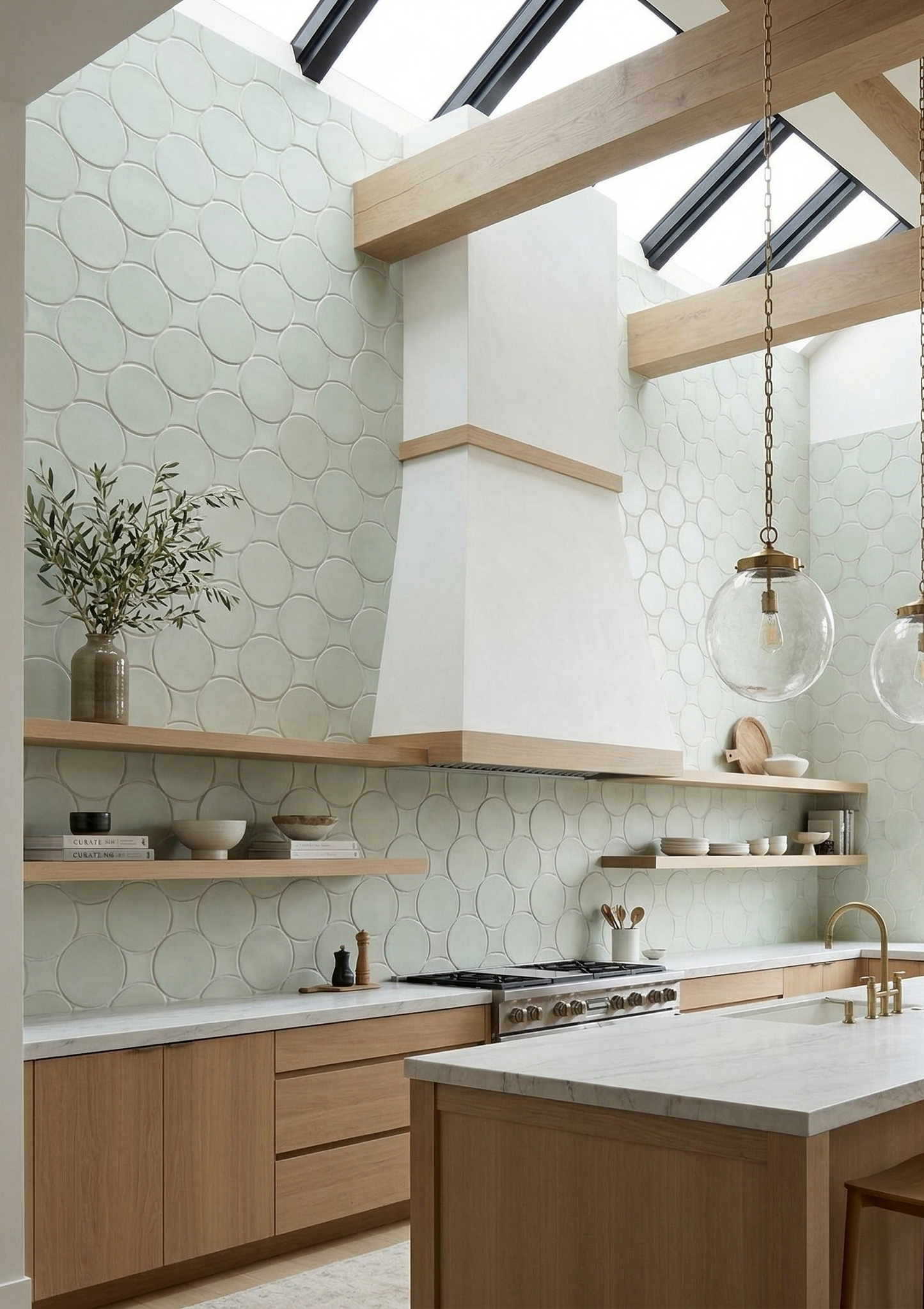 Light green solid tile by Clay Imports with a scalloped circle pattern on kitchen walls.