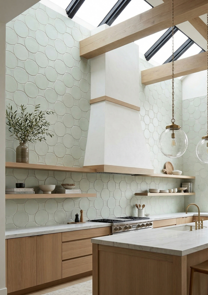Light green solid tile by Clay Imports with a scalloped circle pattern on kitchen walls.