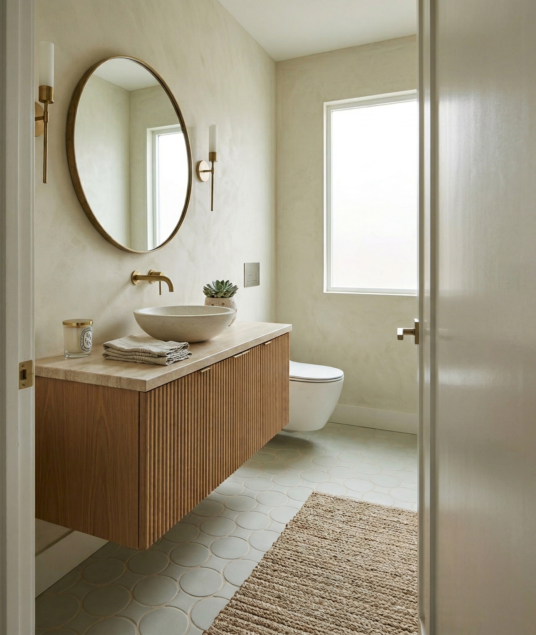Rosemary 8 Rombo & Circle Solid Tile by Clay Imports, covering a bathroom floor next to a wooden vanity and jute rug.