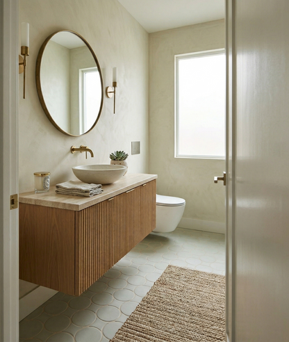 Rosemary 8 Rombo & Circle Solid Tile by Clay Imports, covering a bathroom floor next to a wooden vanity and jute rug.