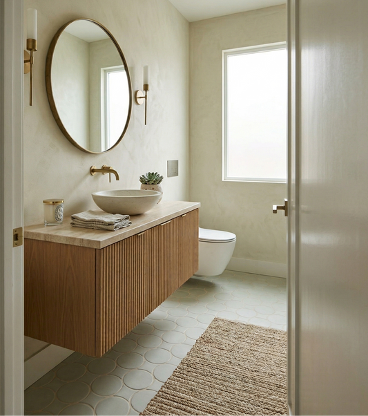 Rosemary 8 Rombo & Circle Solid Tile by Clay Imports, covering a bathroom floor next to a wooden vanity and jute rug.
