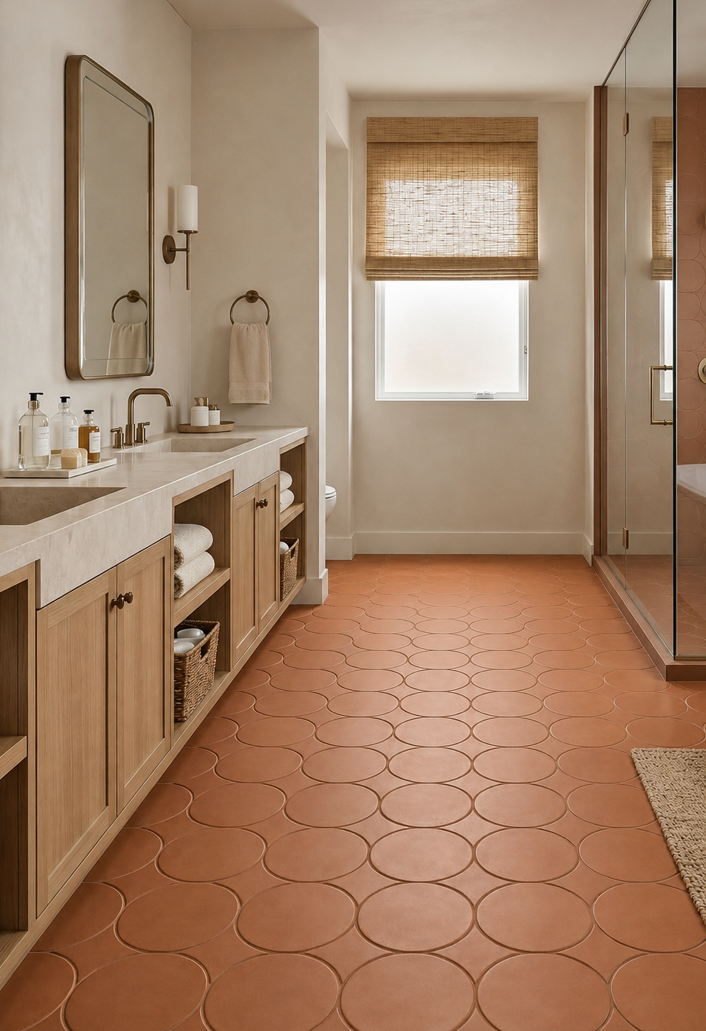 Rust-colored terracotta solid tiles by Clay Imports with an interlocking oval pattern, covering a warm bathroom floor.