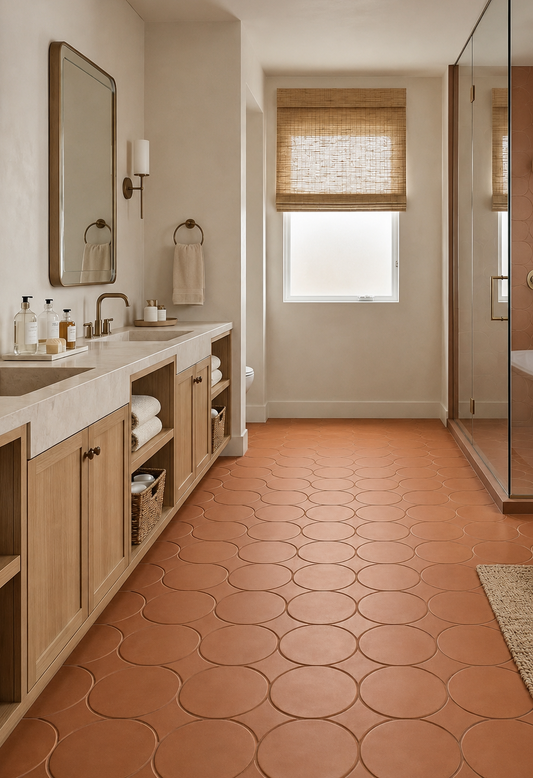 Rust-colored terracotta solid tiles by Clay Imports with an interlocking oval pattern, covering a warm bathroom floor.