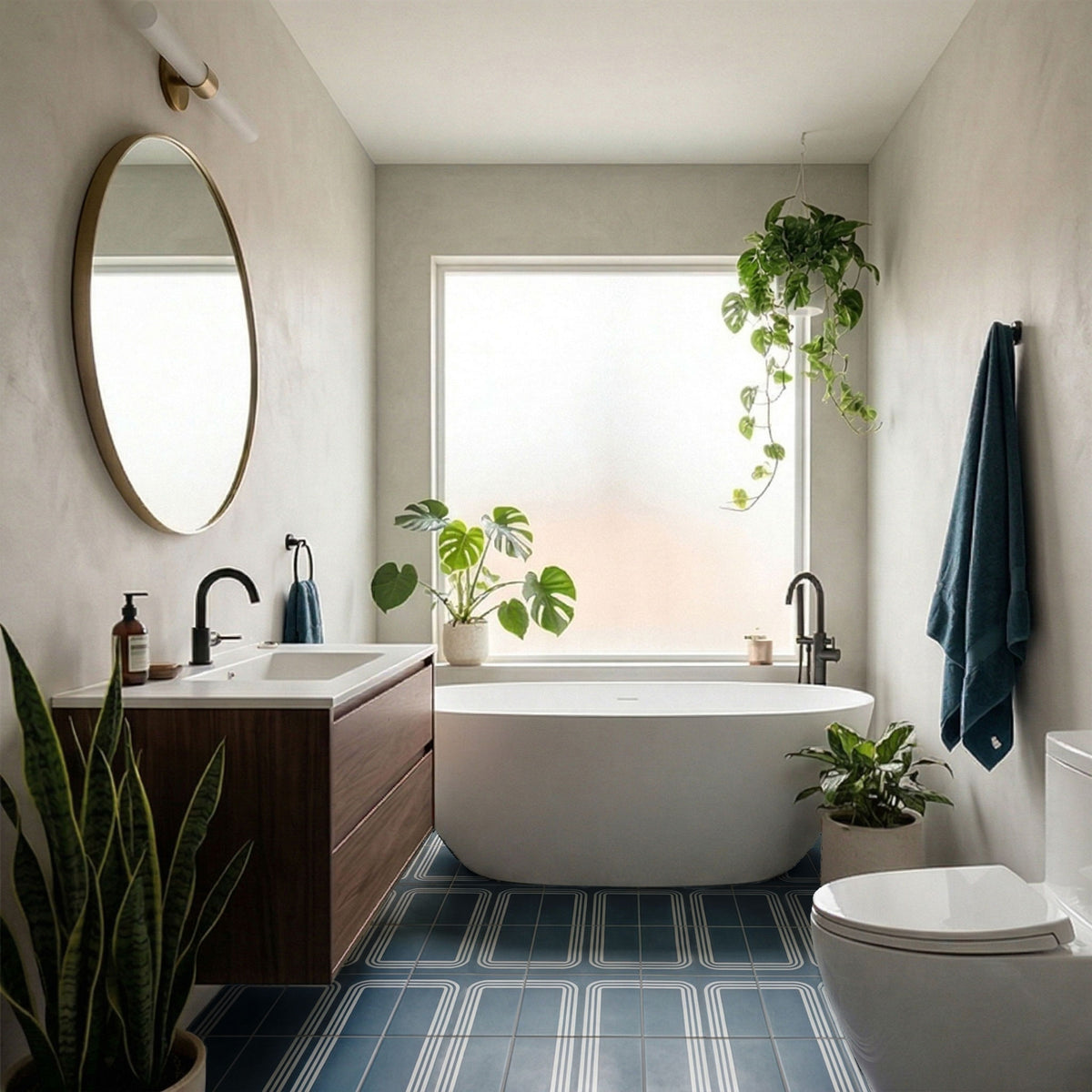 Conectada Midnight 8x8 pattern tile by Clay Imports, featuring white geometric lines on a blue bathroom floor.