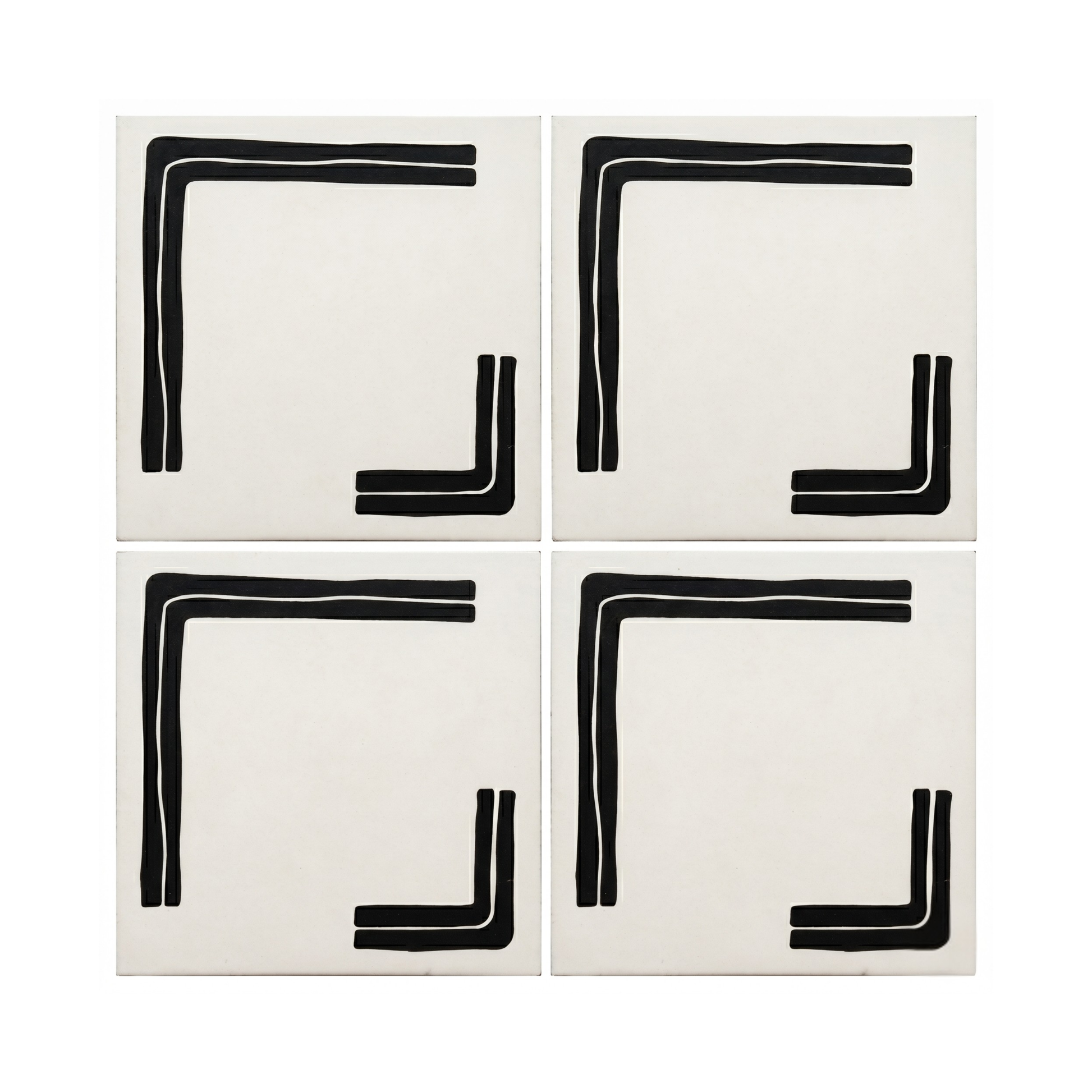 Four off-white pattern tiles by Clay Imports, each featuring a bold pitch black geometric 'L' corner design.