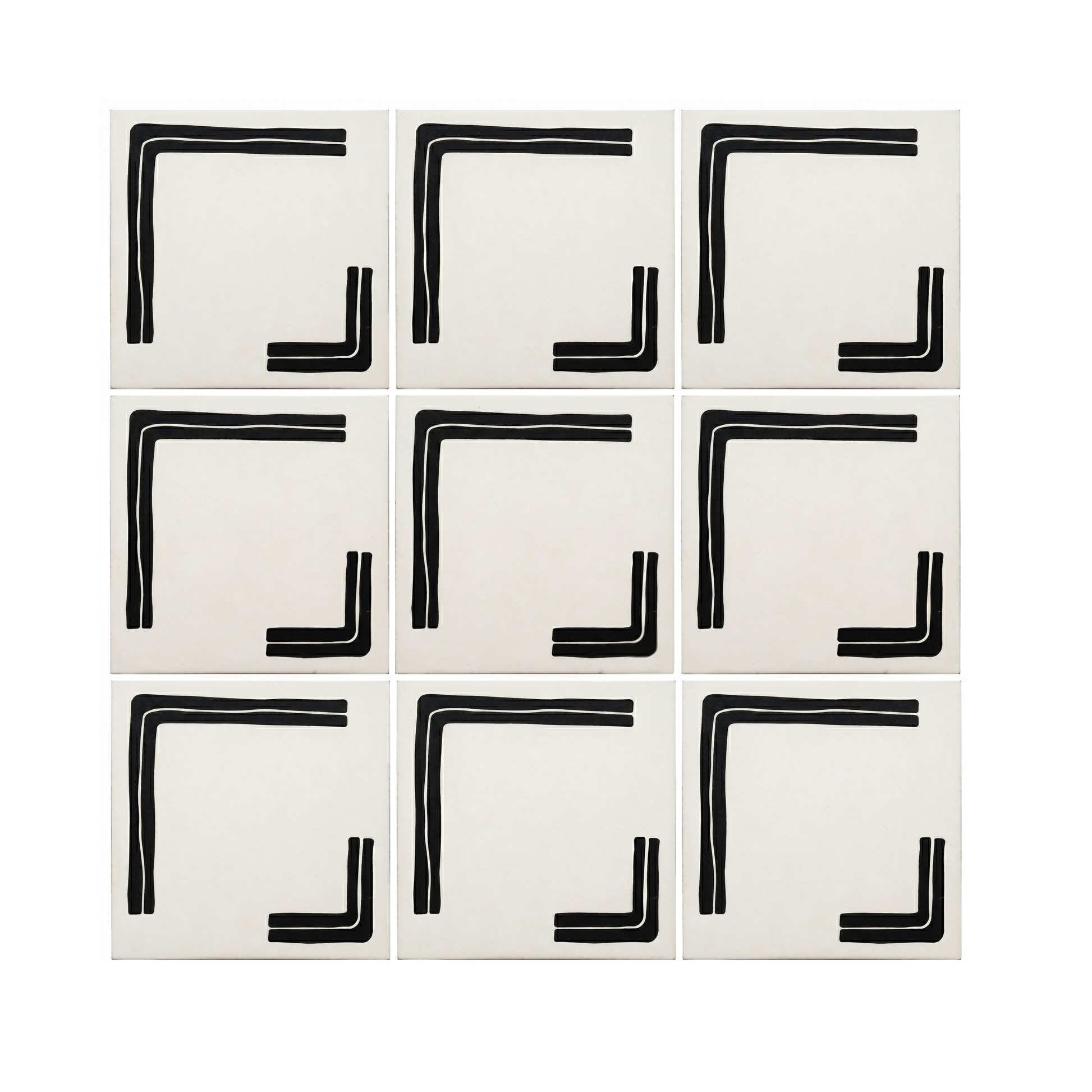 Nine black and white pattern tiles by Clay Imports, featuring textured black L-shaped corner designs on a light background.