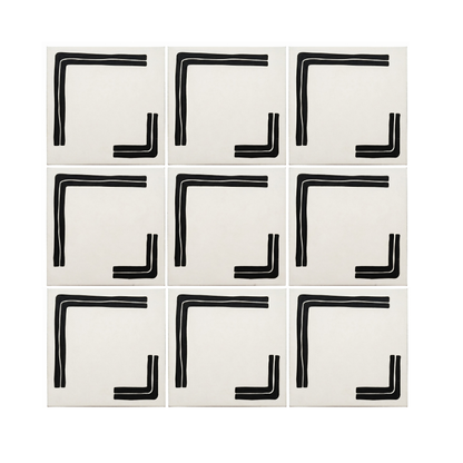 Nine black and white pattern tiles by Clay Imports, featuring textured black L-shaped corner designs on a light background.