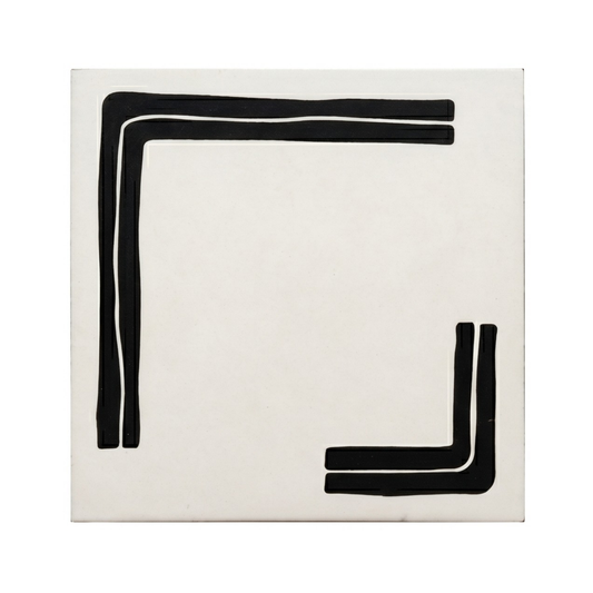 Sample Cubed Vocho tile, white with black lines by Clay Imports, forming a broken square frame.