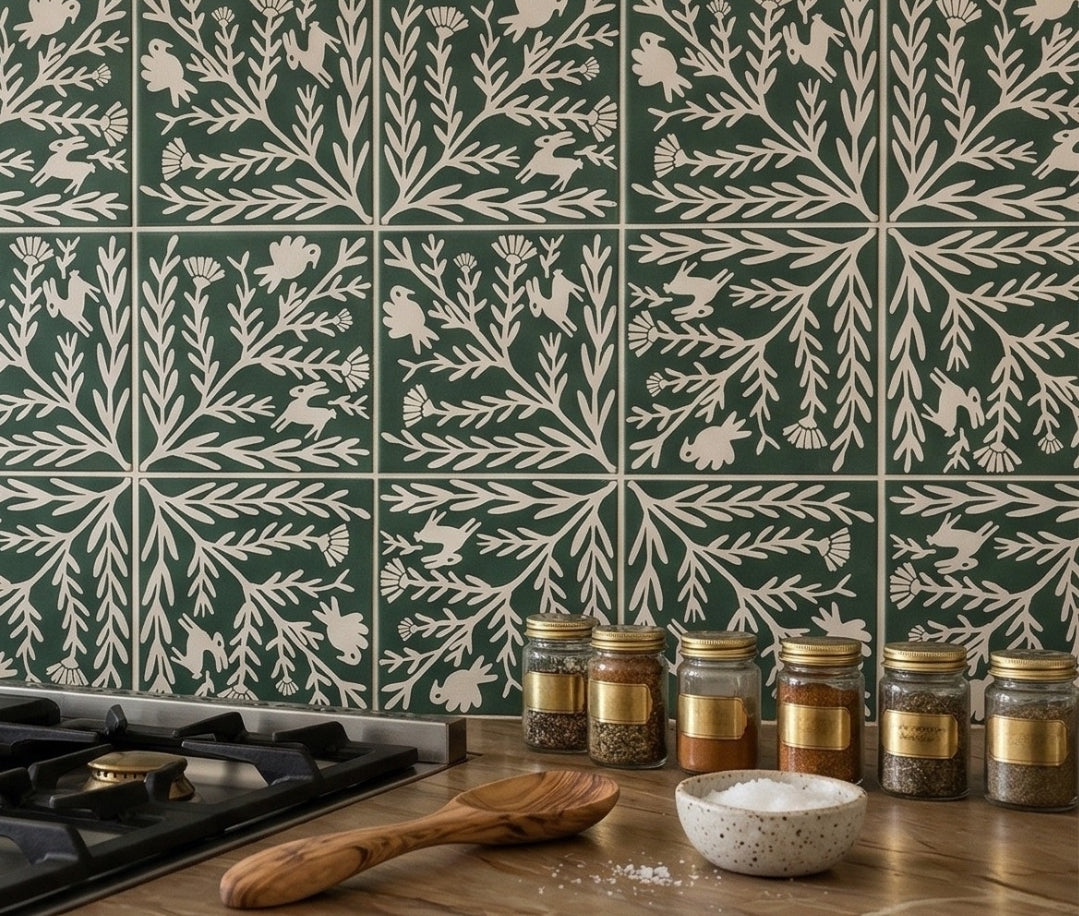 Dark green and off-white patterned tile by Clay Imports, featuring stylized folk art trees, birds, and rabbits as a kitchen backsplash.