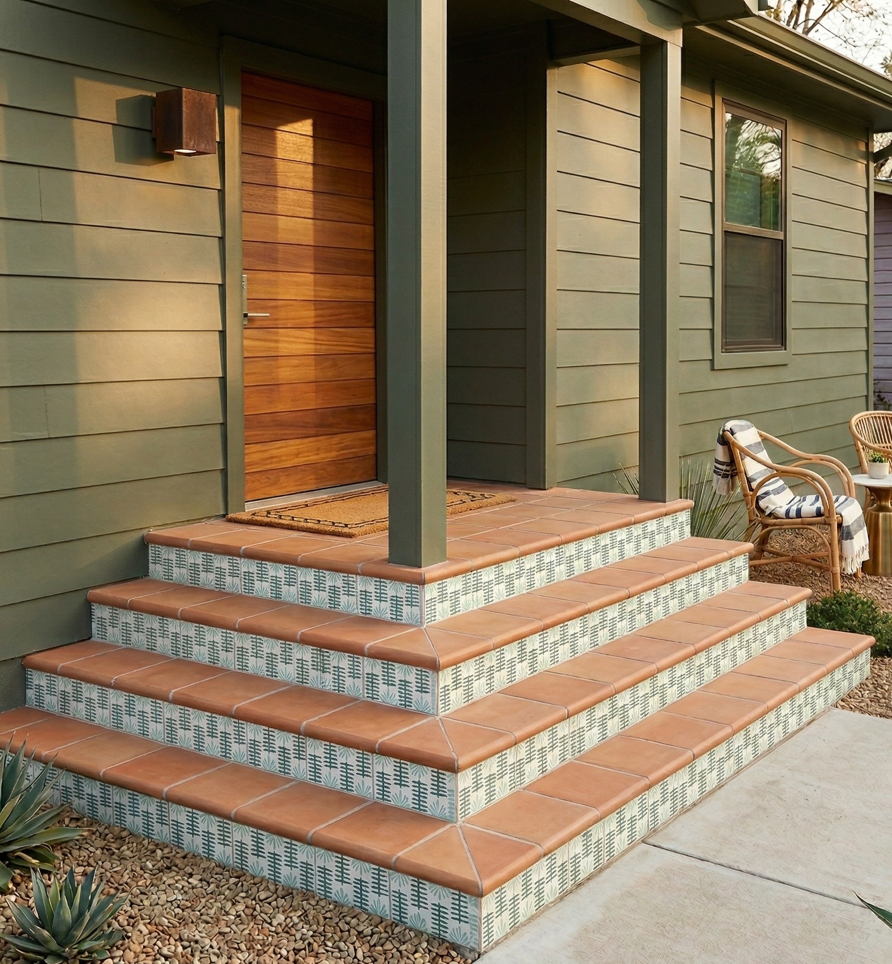 White and mint green Fandango Rice pattern tile by Clay Imports on outdoor stair risers with terracotta treads.