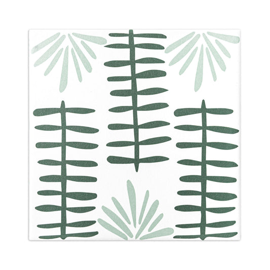 Square sample tile in white, mint, and dark green by Clay Imports, with an abstract botanical pattern on a textured surface.