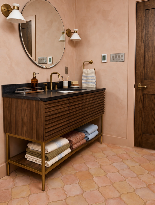 A modern bathroom vanity with a dark wood slatted cabinet, brass frame, and black countertop, set in a warm peach-pink bathroom with patterned tile flooring and matching towels.