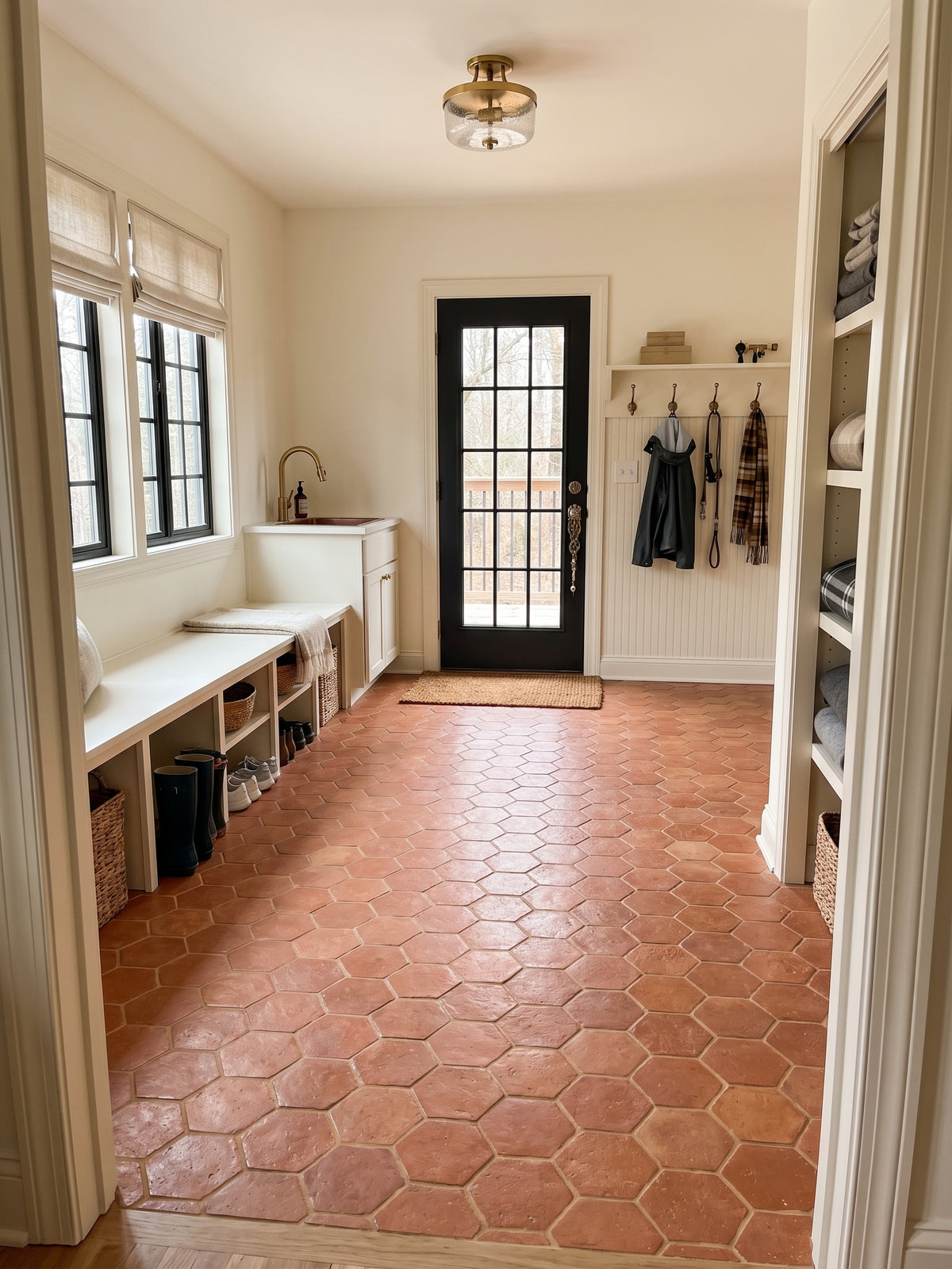 A bright, clean mudroom with terracotta hexagonal tile flooring, cream walls, a built-in bench with windows, a white sink, a black front door, and shelving on the right.