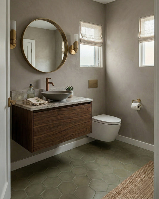 Greenish-gray hexagonal clay tiles by Clay Imports as flooring in a modern bathroom with a wood vanity.