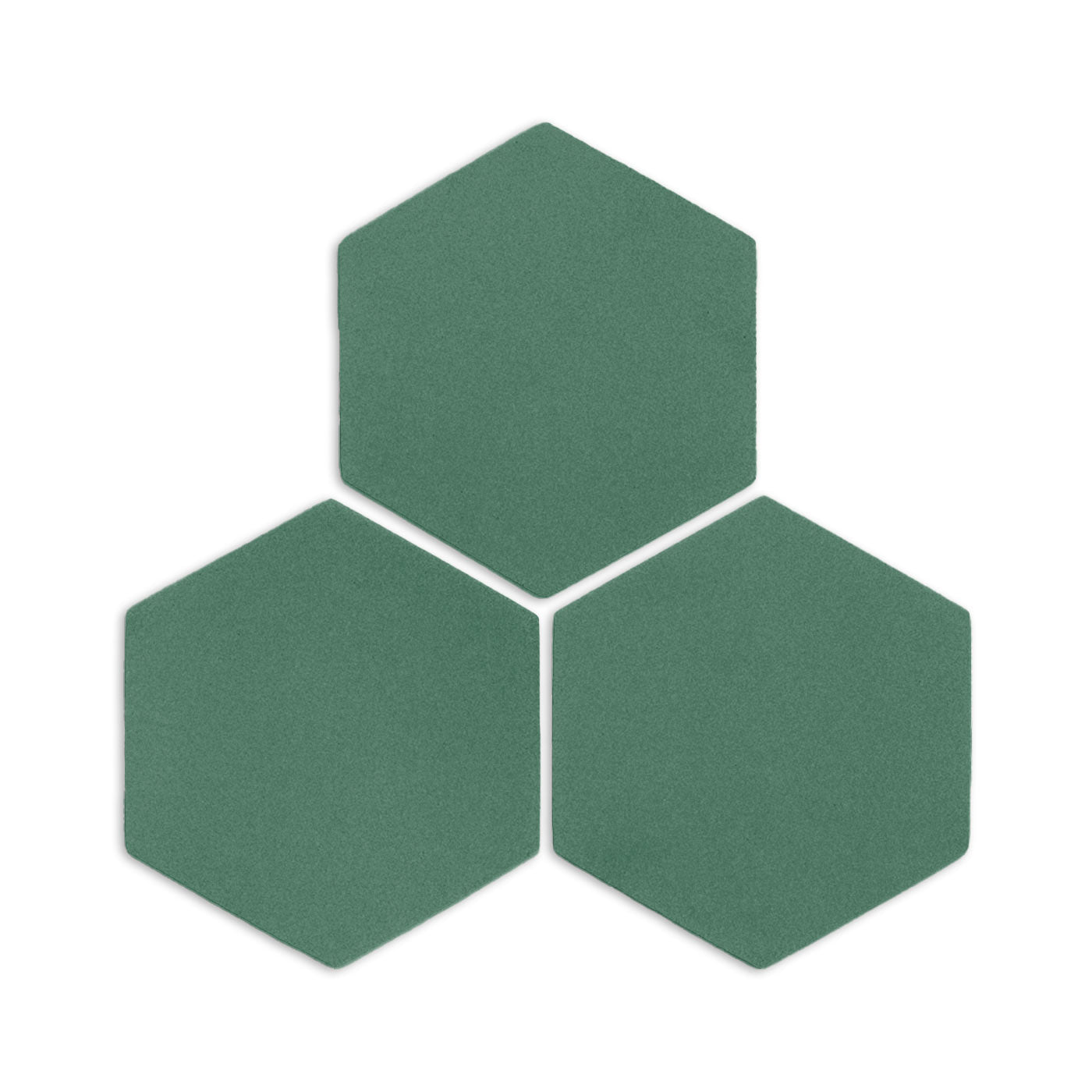 Three Cilantro green hexagonal clay tiles by Clay Imports, arranged in a cluster showing fine texture.