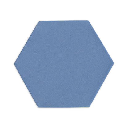 Hexagon tile sample in denim blue by Clay Imports with a matte, textured finish, isolated on white.