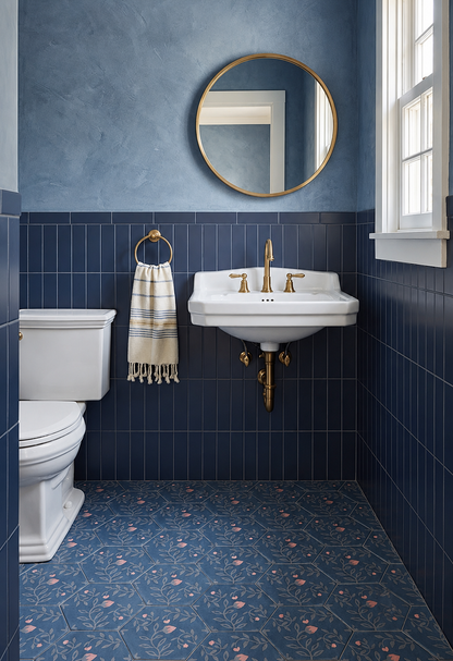 A styled bathroom interior with a white wall-mounted sink, gold faucet and trim, a round mirror, a blue patterned tile floor, and blue wall and backsplash tiles. A white toilet is visible on the left, and a window is on the right.