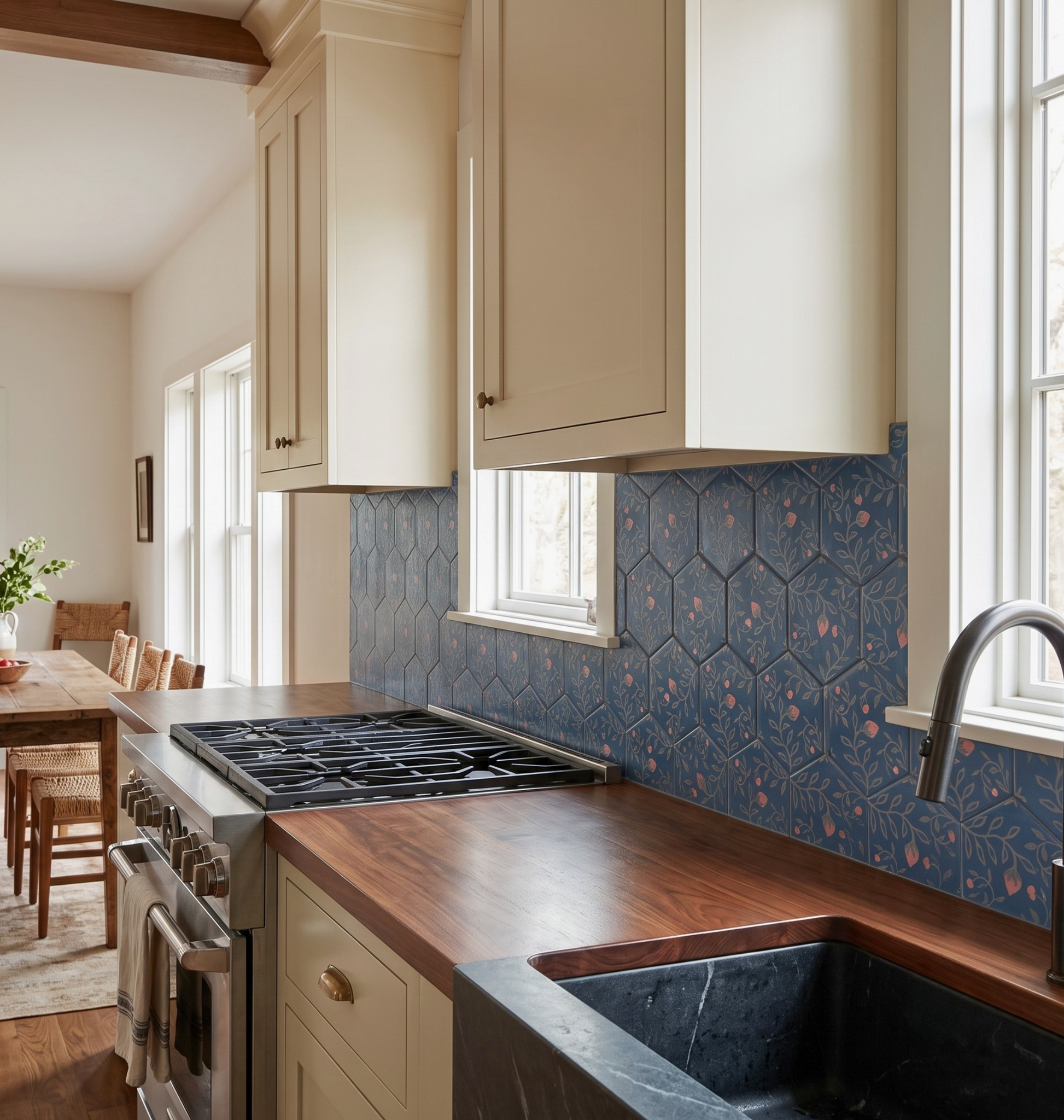 A kitchen interior with cream cabinets, a blue patterned tile backsplash, dark wood countertops, and a black stone sink. No people or animals are present, and the scene is styled as a real home environment rather than a clean isolated product shot.
