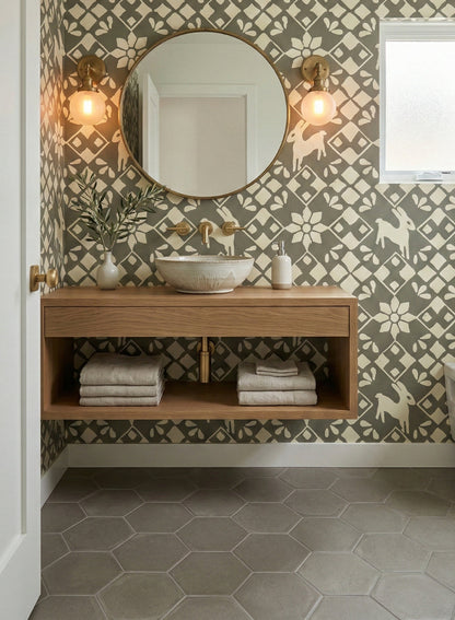 Grey-green hexagon clay tile by Clay Imports, laid on a bathroom floor next to a floating wooden vanity.