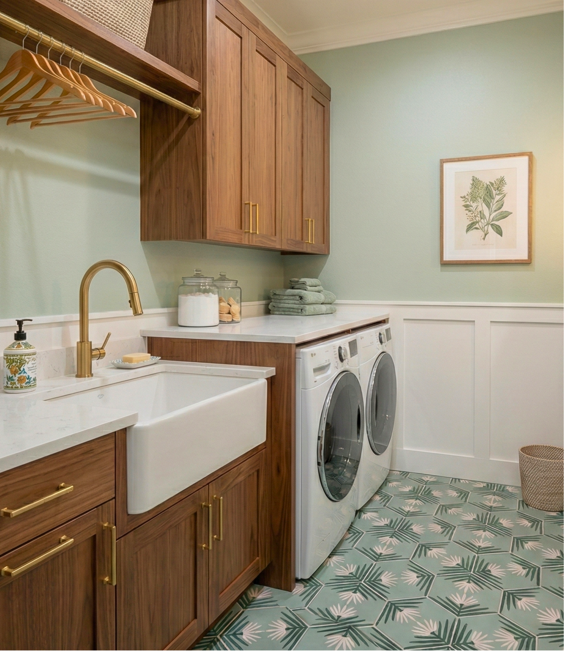 Hexagonal pattern tile in mint and dark green with white palm leaf design by Clay Imports, visible on a laundry room floor.