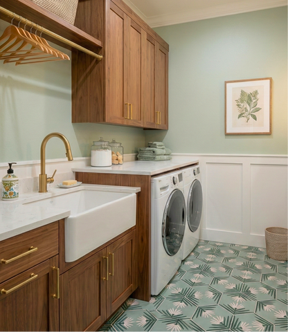 Hexagonal pattern tile in mint and dark green with white palm leaf design by Clay Imports, visible on a laundry room floor.