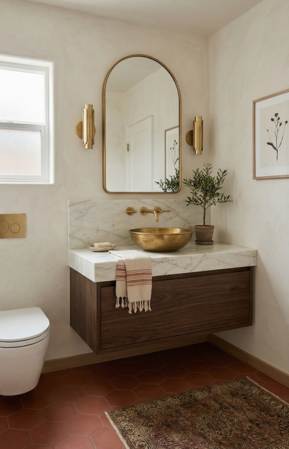 Reddish-brown Mamey hexagon clay tiles by Clay Imports covering a bathroom floor.