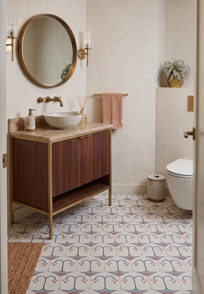 Hexagonal patterned tile in white, grey, and coral by Clay Imports, featuring a repeating wave and dot pattern on a bathroom floor, beside a woven rug.