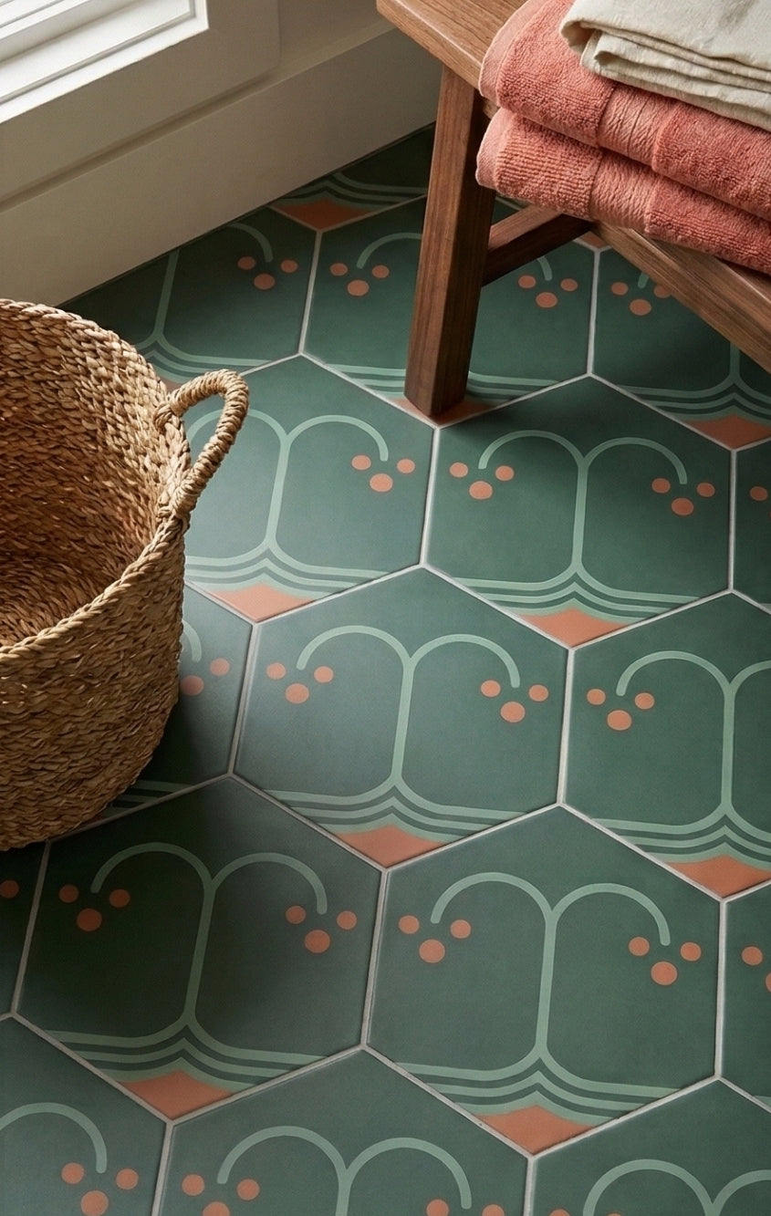 Dark green hexagonal pattern tile by Clay Imports with light green arches, coral dots, and wavy lines, forming a continuous design.