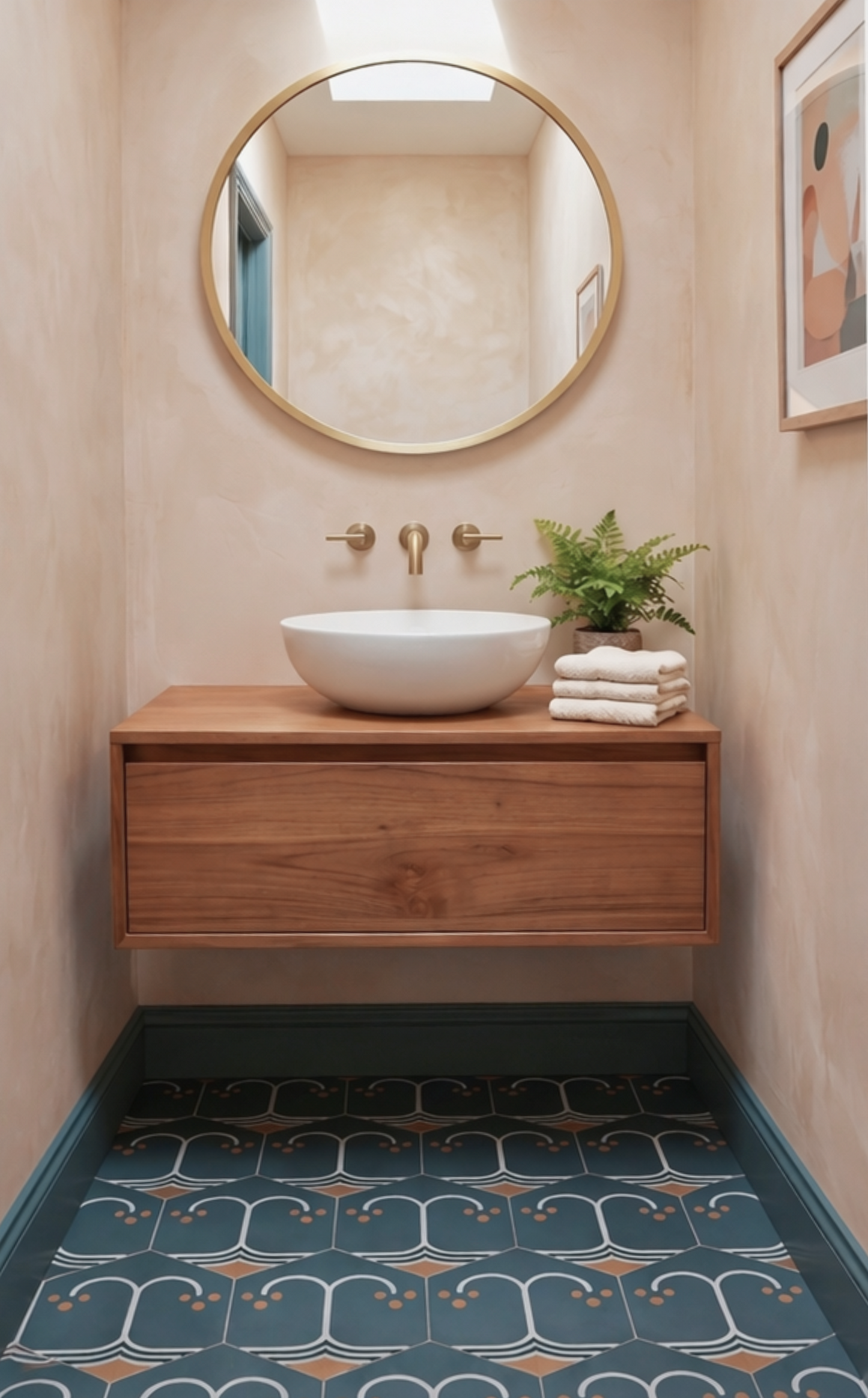 Hexagonal pattern tile in dark teal, orange, and white with wave and dot design by Clay Imports, installed on a bathroom floor with teal baseboards.