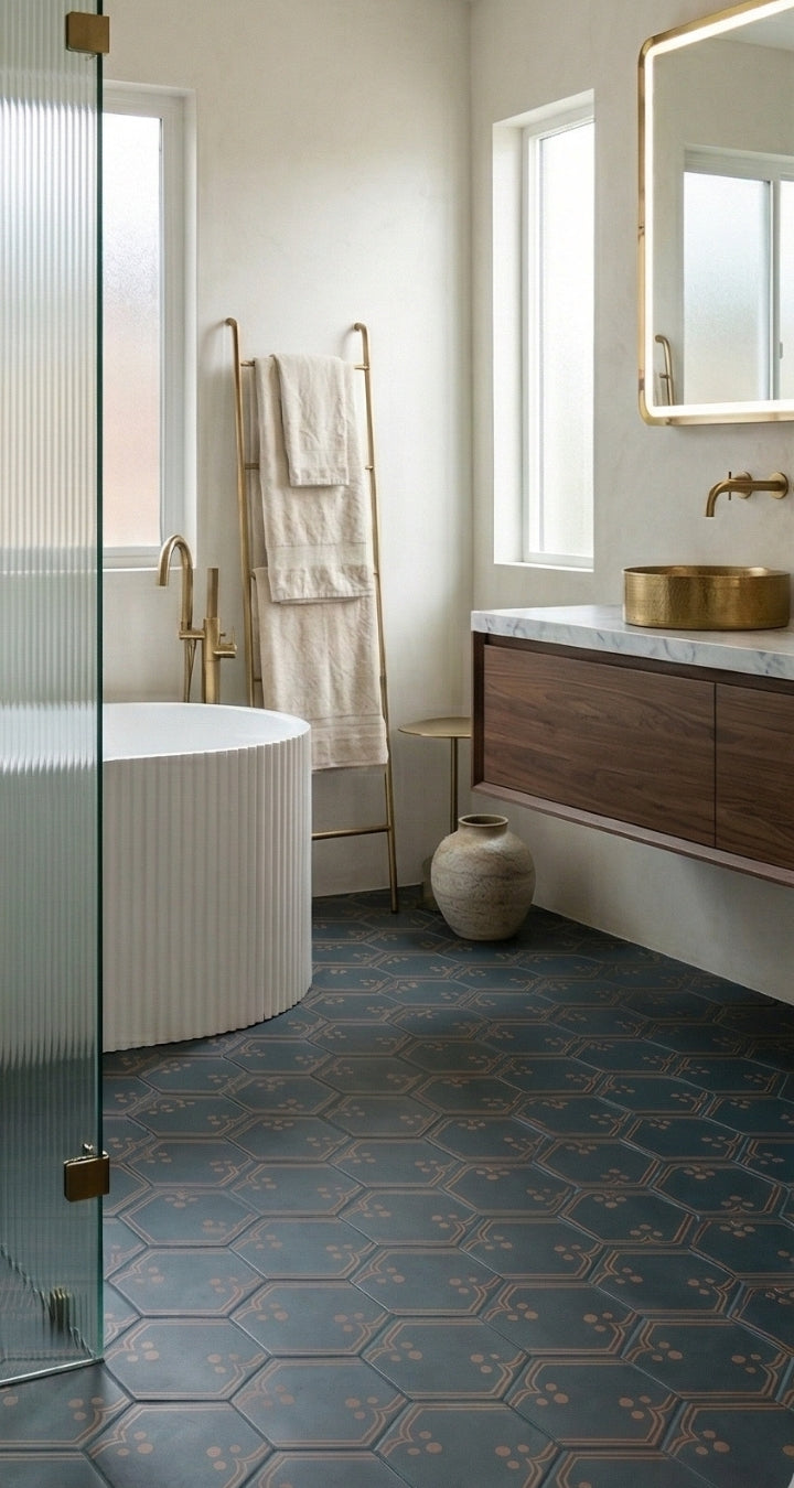 Midnight blue hexagonal pattern tile by Clay Imports with a tan floral motif covering a bathroom floor.