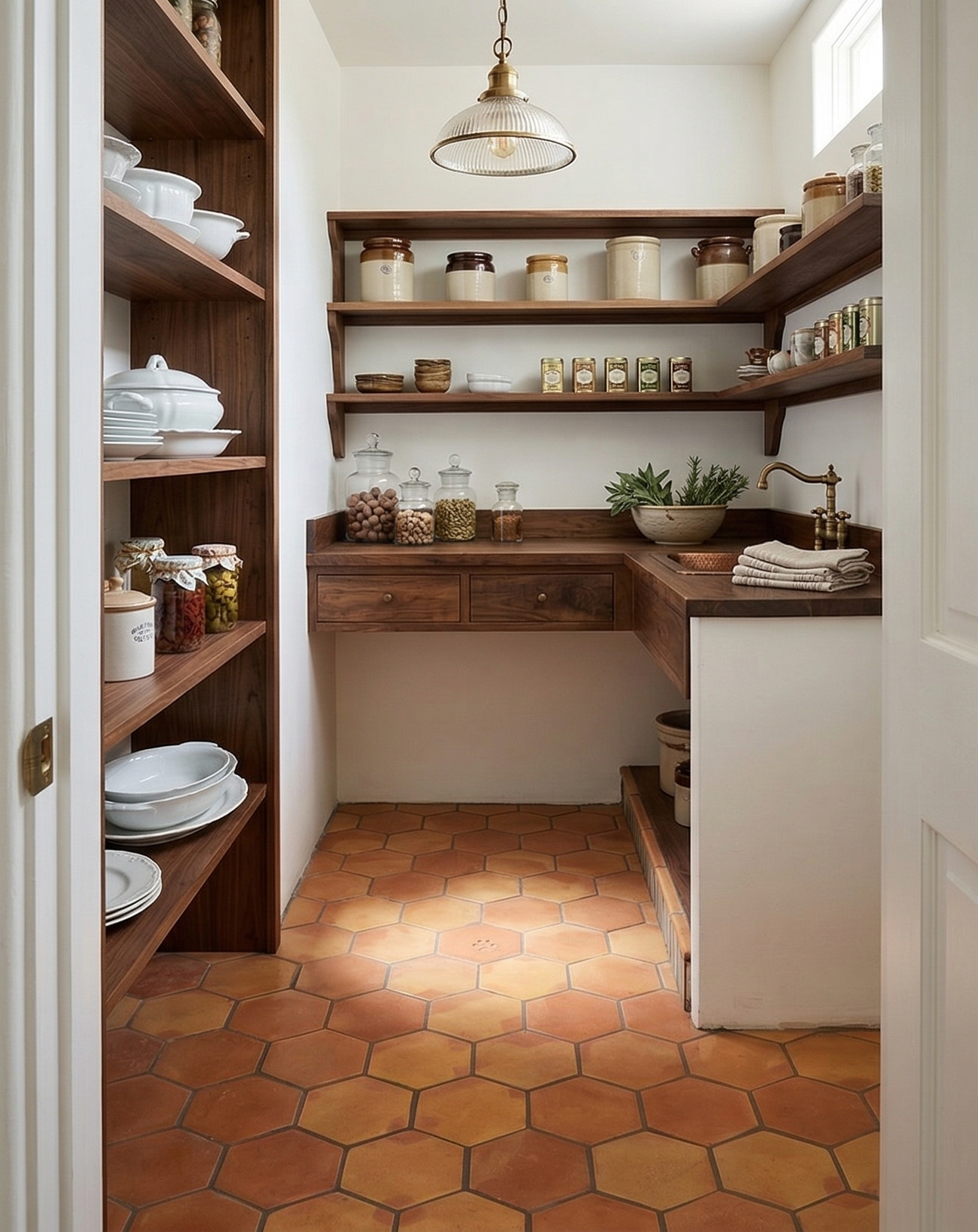 Smooth, satin hexagonal terracotta floor tiles in warm orange and brown tones from Clay Imports Saltillo Tile, laid on a pantry floor with dark grout.