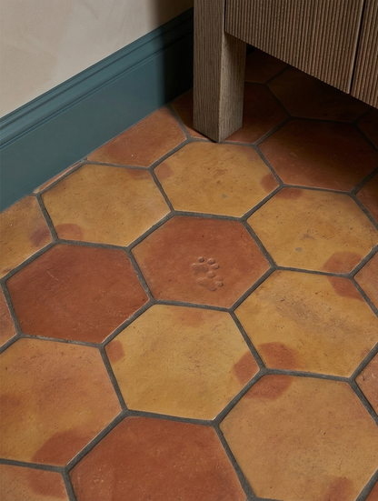 Hexagonal terracotta tile by Clay Imports Saltillo Tile in warm orange and reddish tones with a paw print detail on a smooth finish.