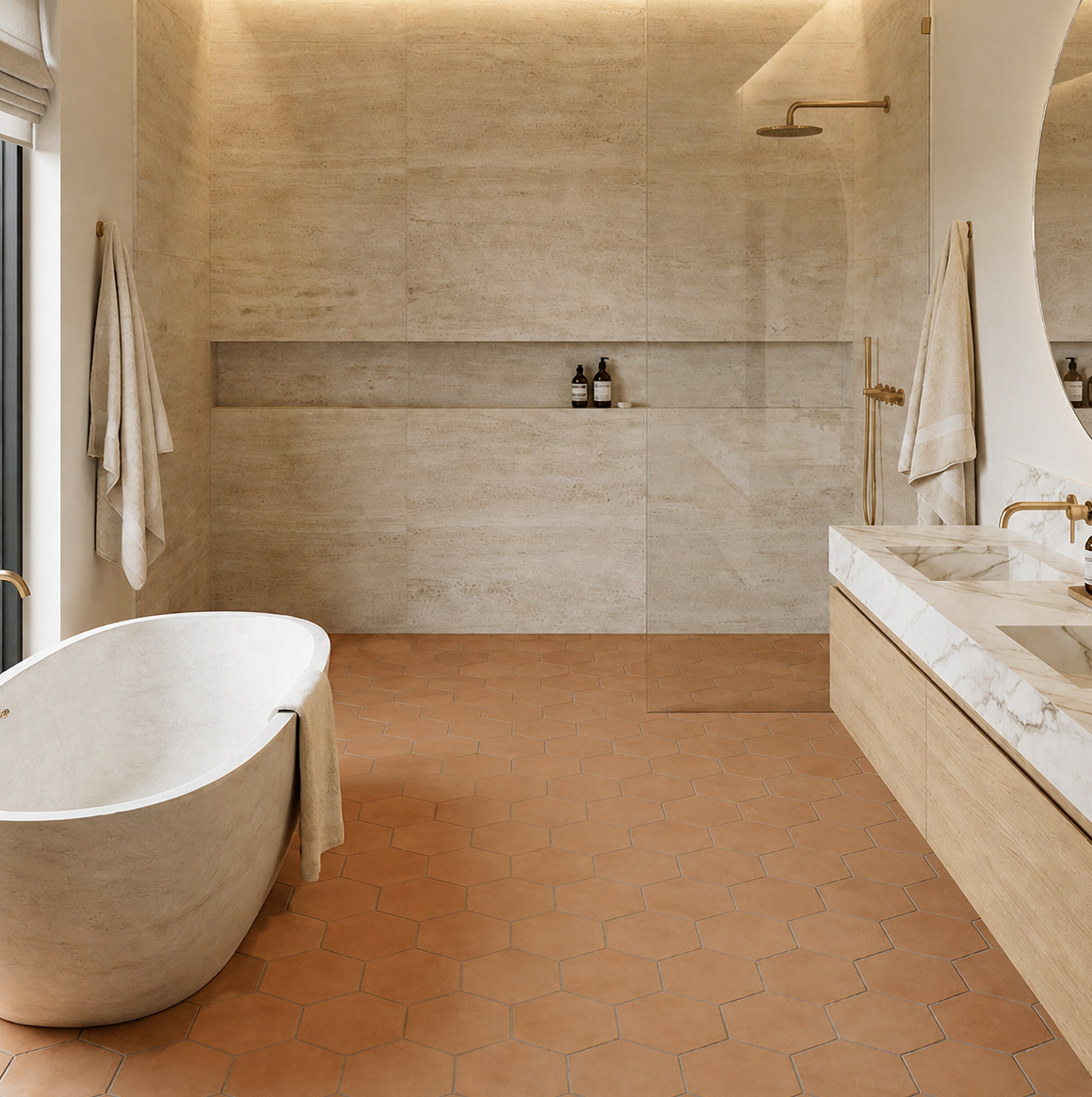 Terracotta hexagon clay tiles by Clay Imports covering a modern bathroom floor with a freestanding tub.