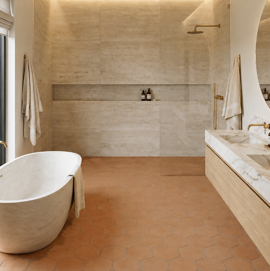 Terracotta hexagon clay tiles by Clay Imports covering a modern bathroom floor with a freestanding tub.