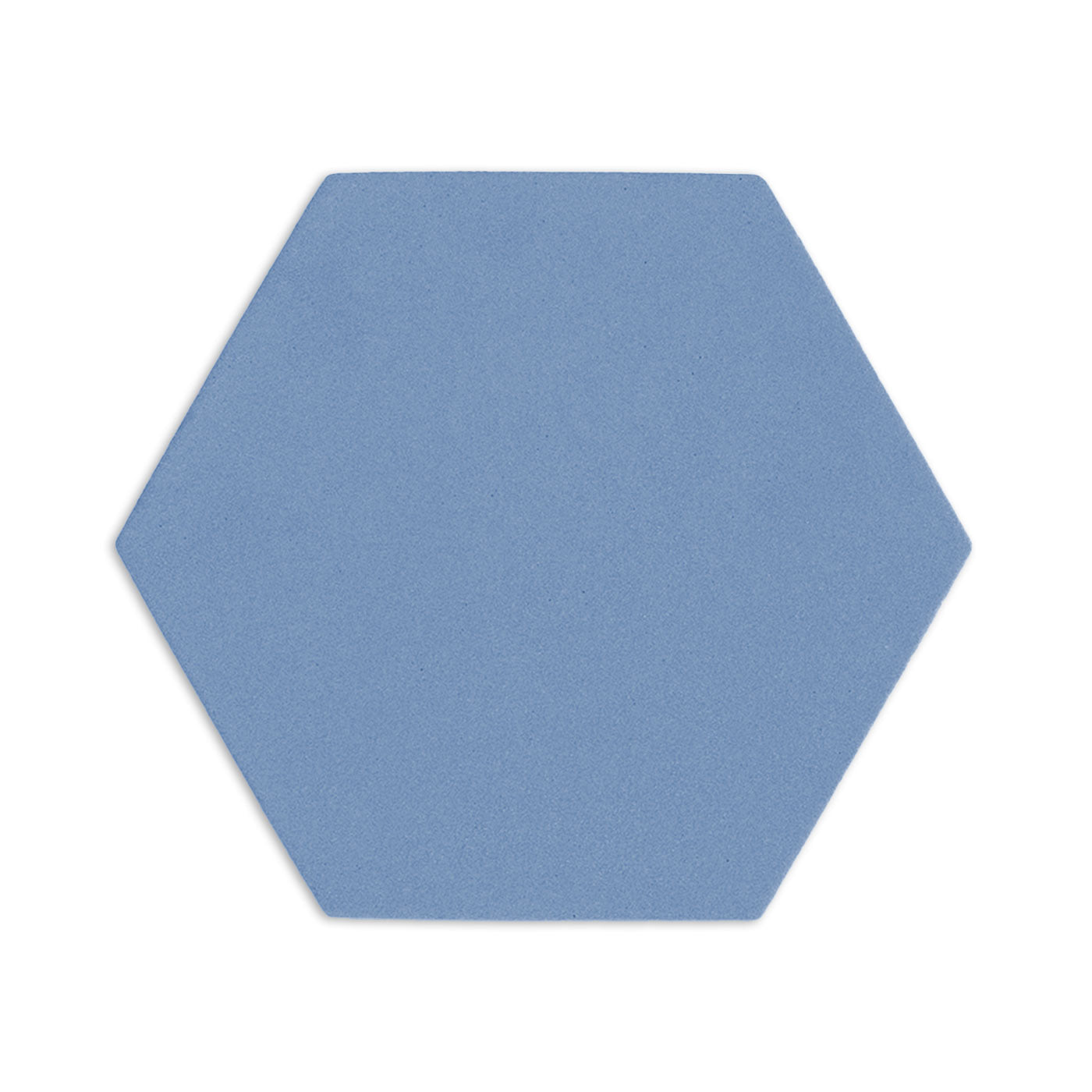 Denim blue hexagon clay tile by Clay Imports with a subtle textured matte finish, isolated on white.