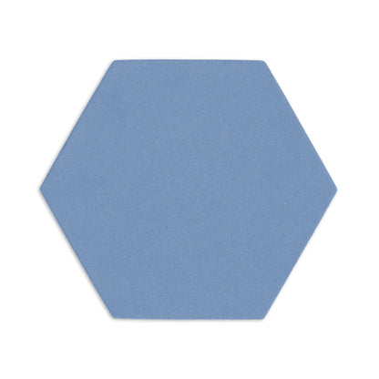 Denim blue hexagon clay tile by Clay Imports with a subtle textured matte finish, isolated on white.