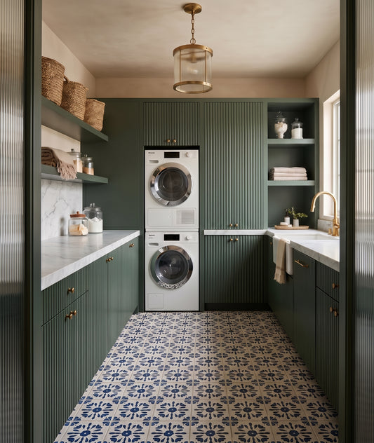 A modern laundry room with dark green ribbed cabinets, a stacked washer and dryer, blue and white patterned tile flooring, open shelves with baskets and towels, and a hanging brass lantern light.