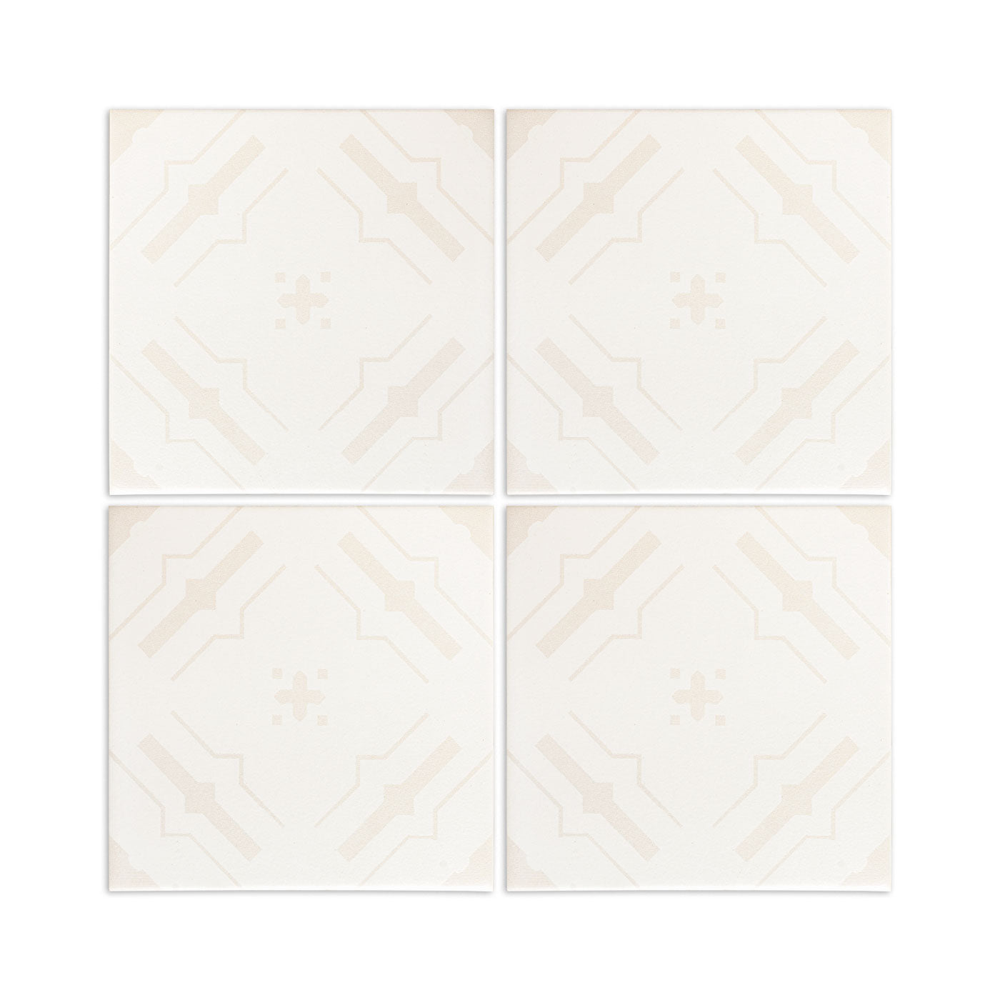 Light beige Nakbe Dew square tiles by Clay Imports, featuring a symmetrical geometric pattern.