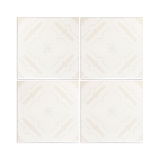 Light beige Nakbe Dew square tiles by Clay Imports, featuring a symmetrical geometric pattern.